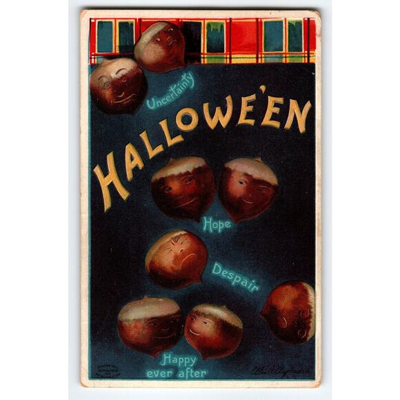 Ellen Clapsaddle 1907 Halloween Lithograph Postcard with Chestnut Faces & Plaid - Picture 1 of 2